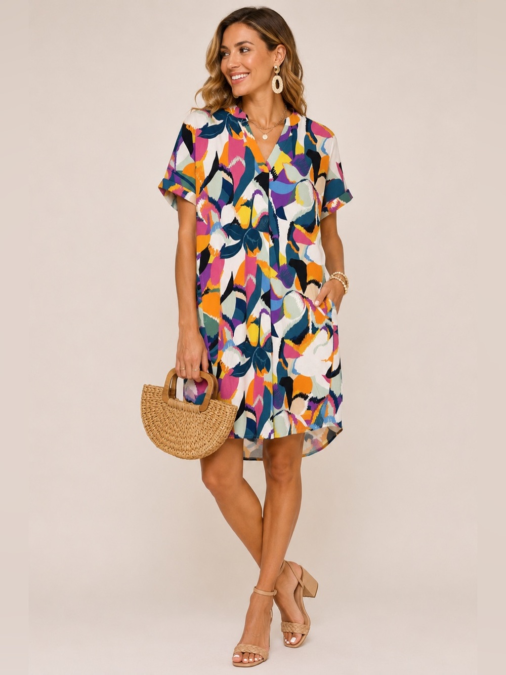 Lildy S-M Multicolor Abstract Floral Split V-Neck Pleated Midi Dress Pockets
